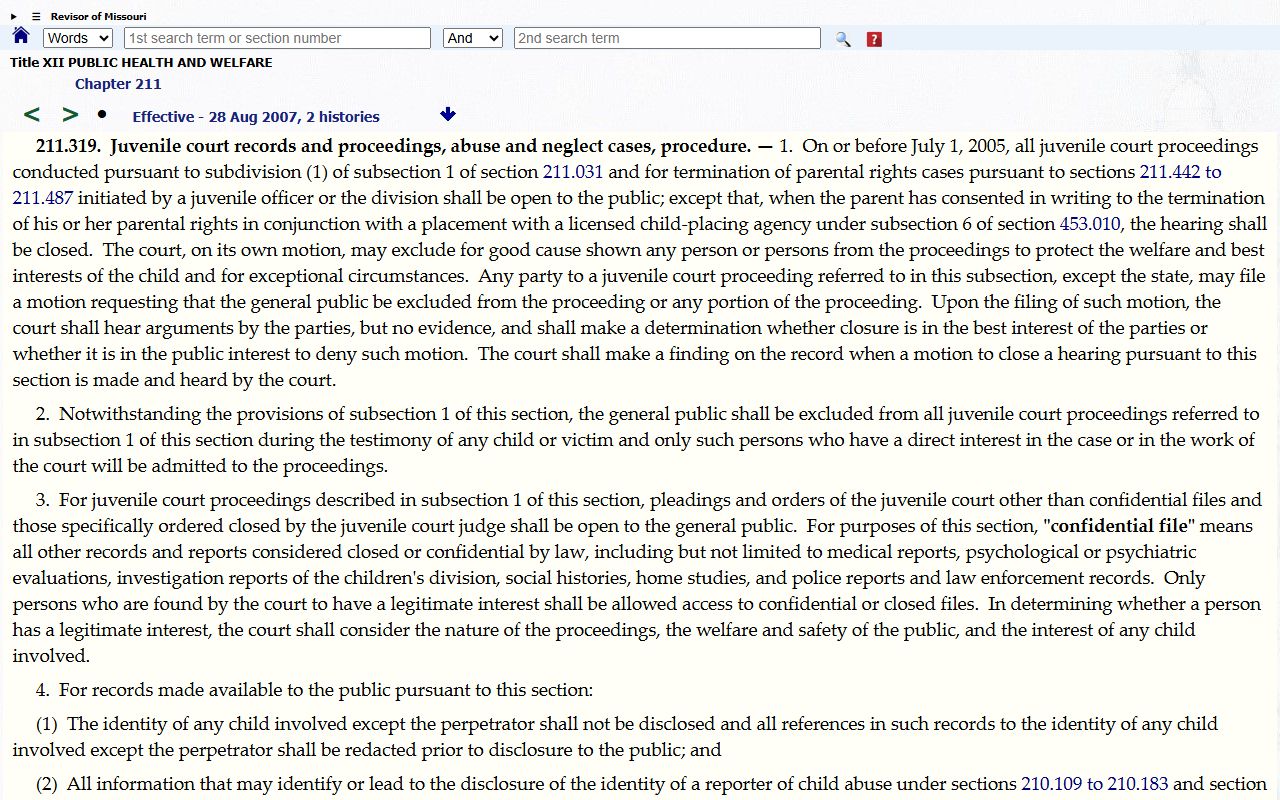 Cedar County court dockets Missouri juvenile record access statute
