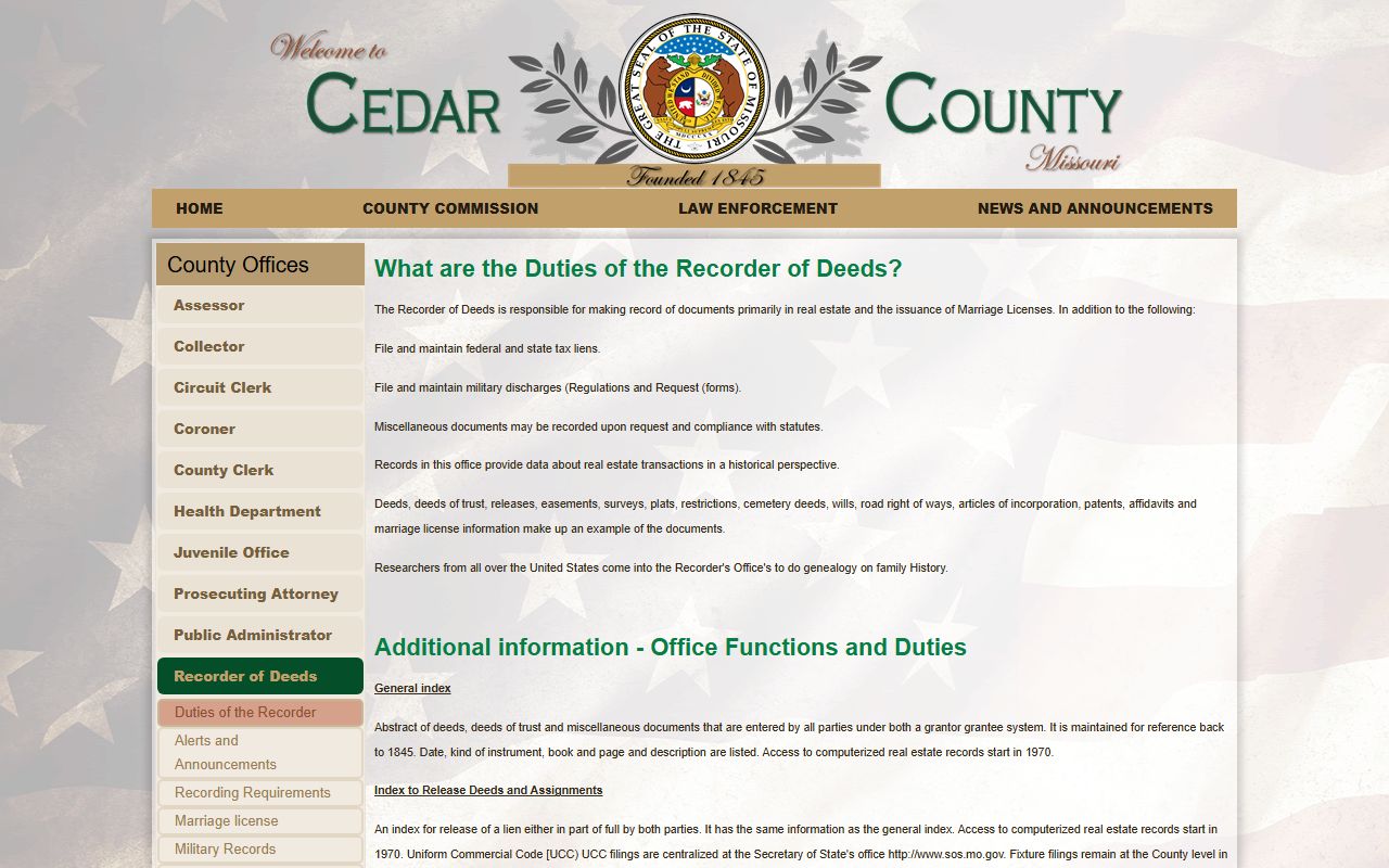 Cedar County court records Recorder duties and indexes