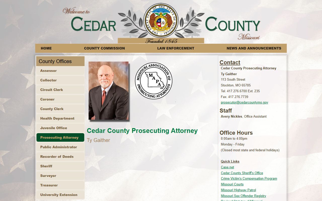 Cedar County criminal court records Prosecuting Attorney page