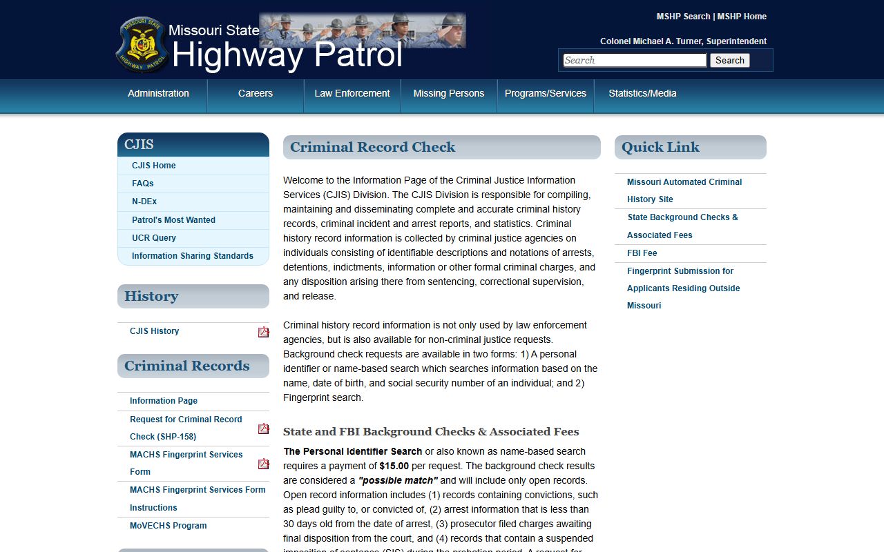 Cedar County criminal court records MSHP criminal record check page