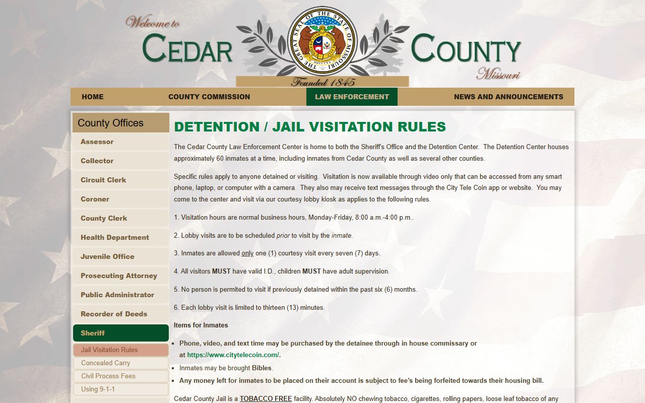 Cedar County inmate records jail visitation rules