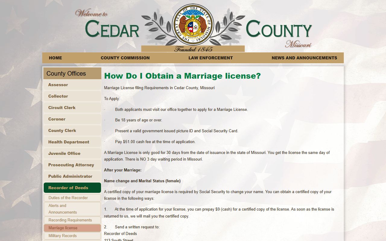 Cedar County marriage and divorce records marriage license page