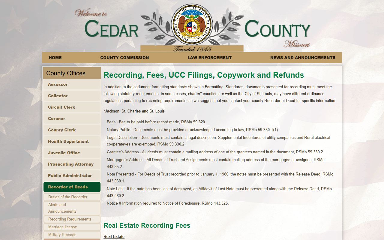 Cedar County marriage and divorce records recorder fee schedule
