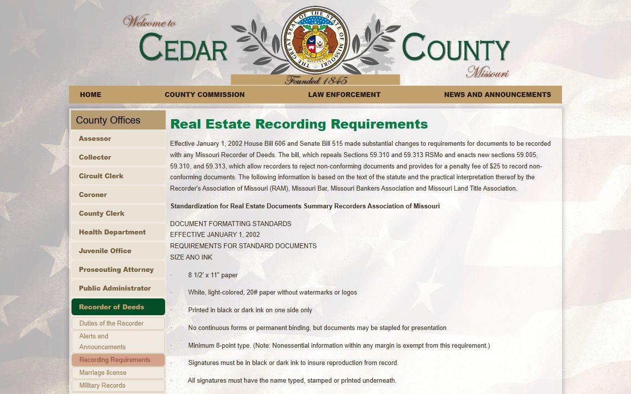 Cedar County marriage and divorce records recorder document requirements