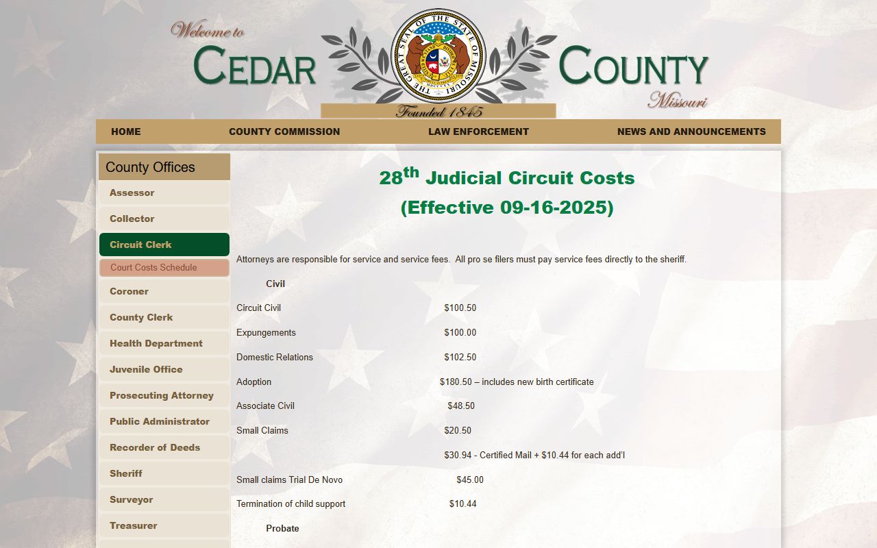 Cedar County probate records court costs schedule