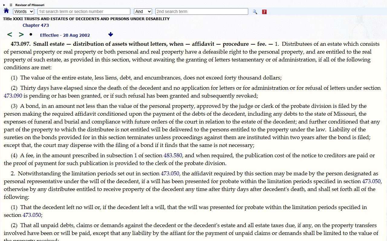 Cedar County probate records Missouri small estate statute