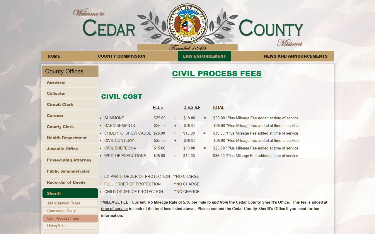 Cedar County warrant records sheriff civil and criminal process fees